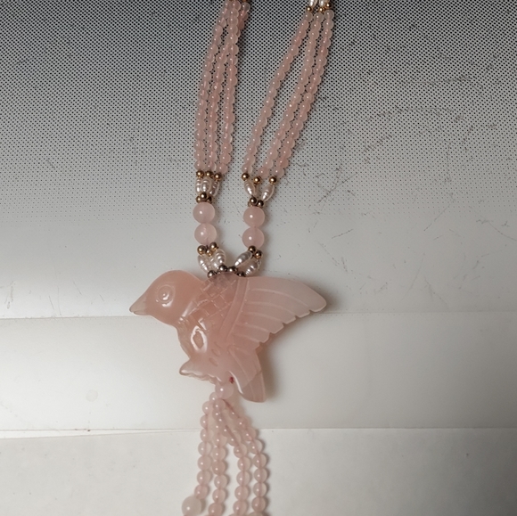 ROSE QUARTZ MCM BEAD NECKLACE BIRD PENDANT 70S - Picture 4 of 4